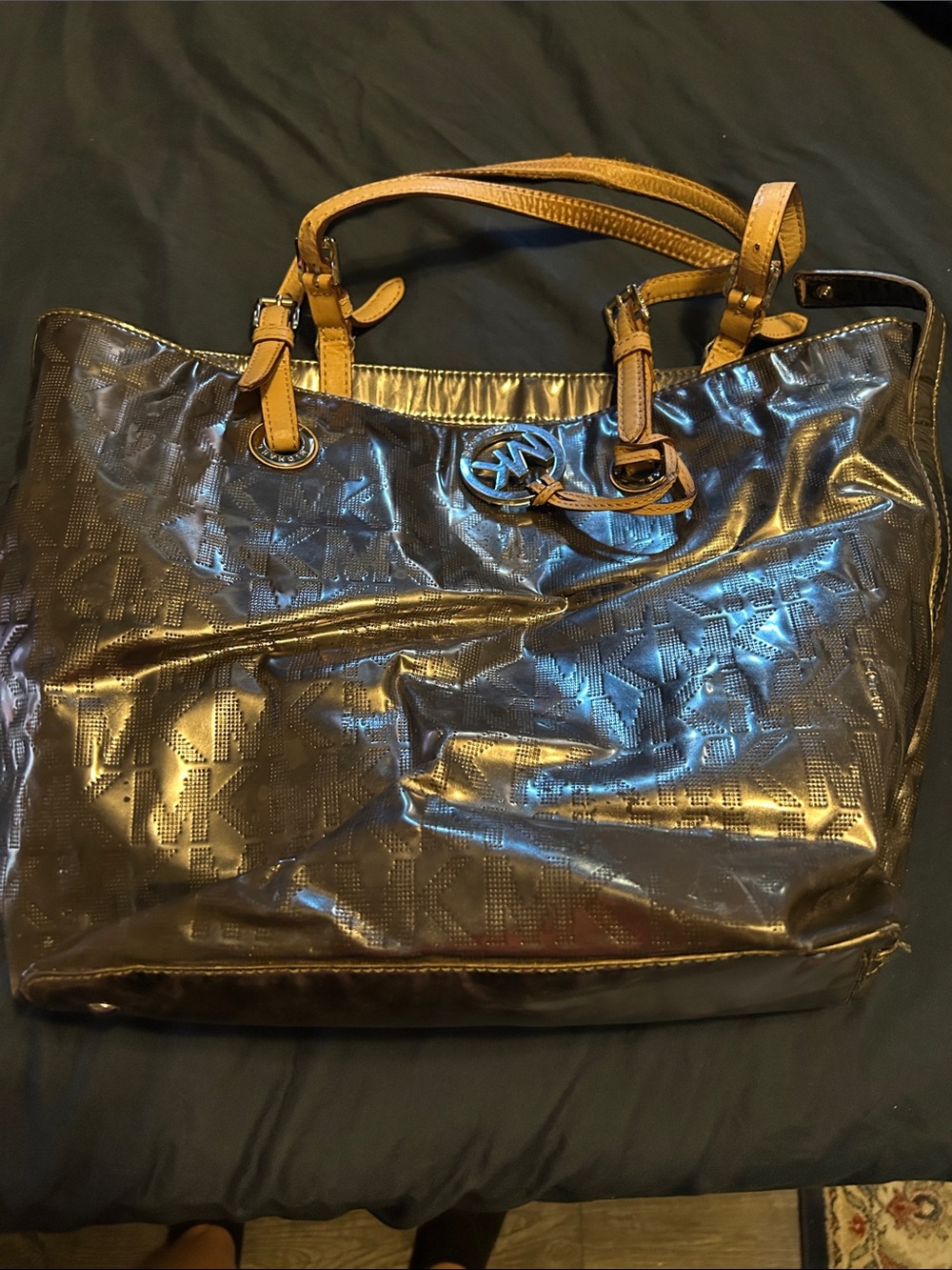 Michael Kors Shiny Brown Tote with Tan Leather Straps